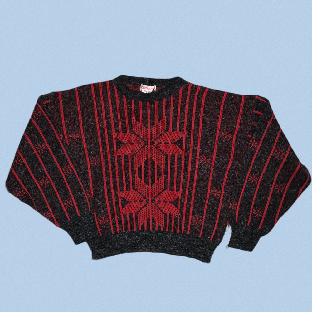 vintage knit‎ sweater red quilt star snowflake striped L